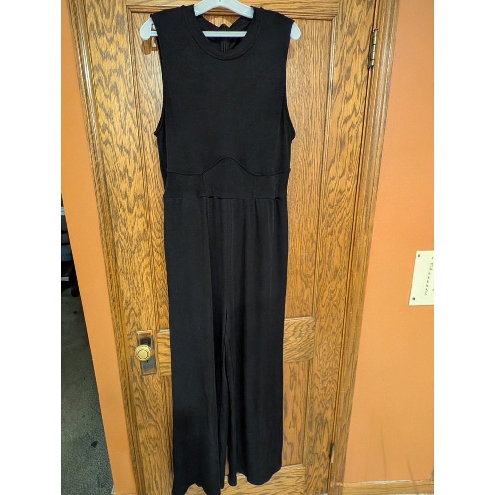 Cider Black Ribbed Mock Neck Sleeveless Jumpsuit Romper 2XL Tall WideLeg Pockets